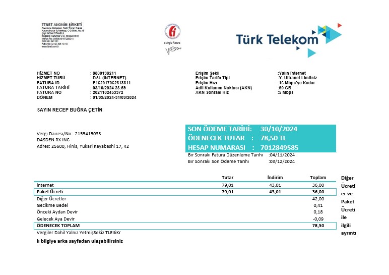 Turkey Turktelekom business utility bill template in Word and PDF formats, fully editable
